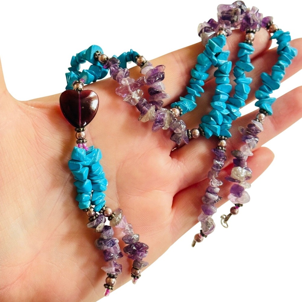 South‎ Western Heart Boho Necklace VTG Blue Turquoise purple Amethyst Beads 21"